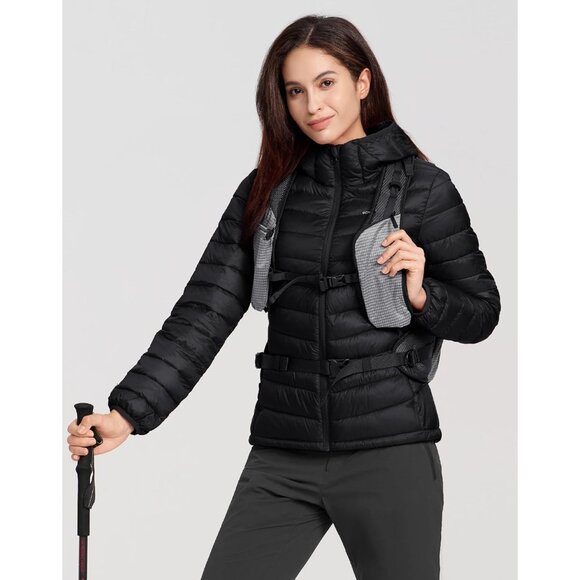 Women's Black Pack Able Puffer Jacket Winter repellent Quilted Coat With Hood - Picture 3 of 7